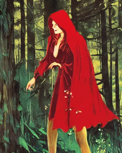 Prompt: red riding hood meeting the big bad wolf after straying from the path, 1 9 7 0 s, seventies, wallpaper, delicate embellishments, painterly, offset printing technique, by brom, robert henri, walter popp