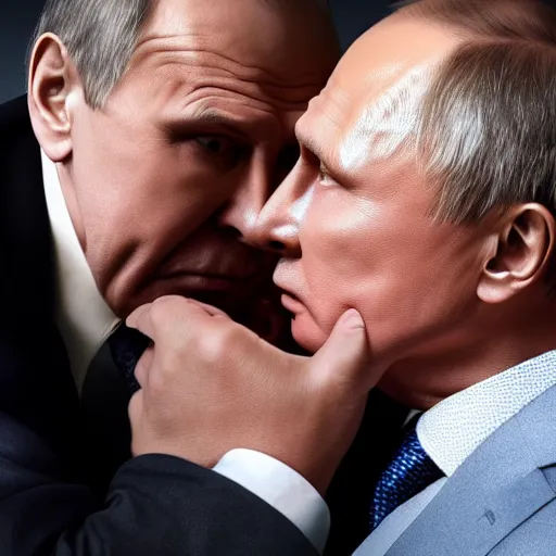 Image similar to a photo of vladimir putin kisses sergey lavrov, lovely kiss, kiss mouth to mouth, romantic, emotional, love scene, insane details, clear face, clear eyes, textured, 8 k resolution, professional photography, dslr, focus, zeiss lens, depth of field, studio quality, fashion photoshoot, extremely detailed, artistic, octane render