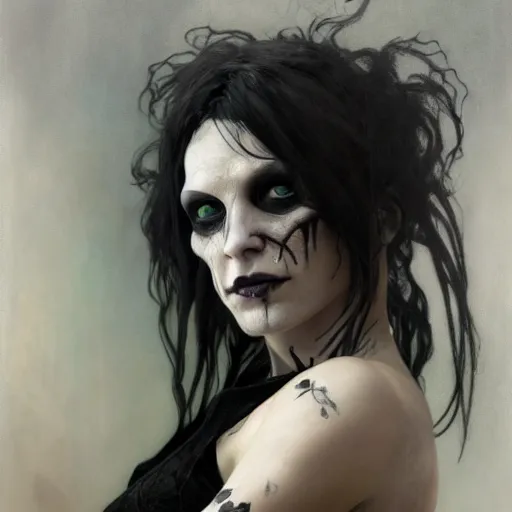 Image similar to portrait of wyona rider as death from sandman, gentle smile, by cedric peyravernay, alphonse mucha, by jeremy mann, by lecouffe deharme, goth chic, soft lightning, eyeliner, punk rock, high detailed, 8 k