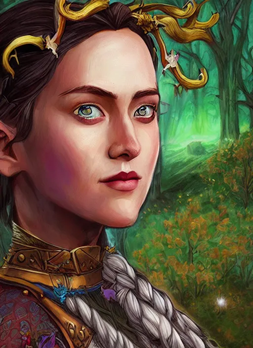 Prompt: A fantasy comic book roleplaying game style portrait painting of Maika Monroe as a elf in a mountain meadow sanctuary, DAZ, hyperrealistic, ambient light, dynamic light