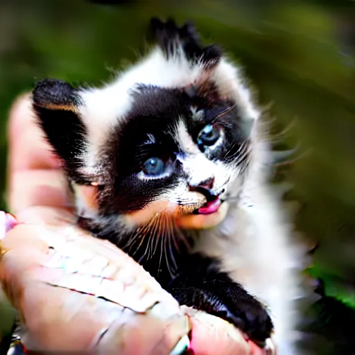 Image similar to cute kitten with panda body and cat face, in the hand of a human, highly detailed, sharp focus, photo taken by nikon, 4 k