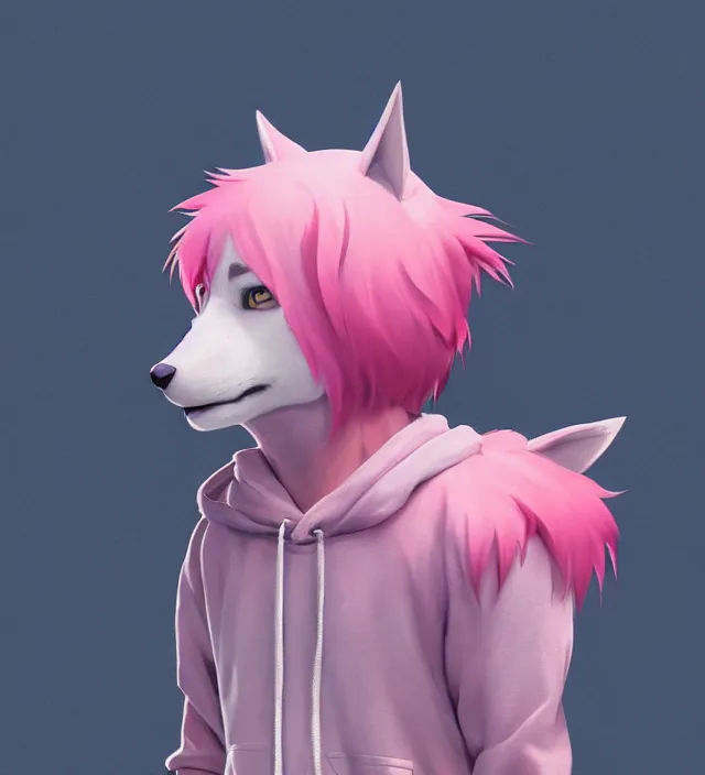 Image similar to a beautiful fullbody portrait of a cute boy with pink hair wearing a wolf kigurumi. character design by cory loftis, fenghua zhong, ryohei hase, ismail inceoglu and ruan jia. artstation, volumetric light, detailed, photorealistic, rendered in octane