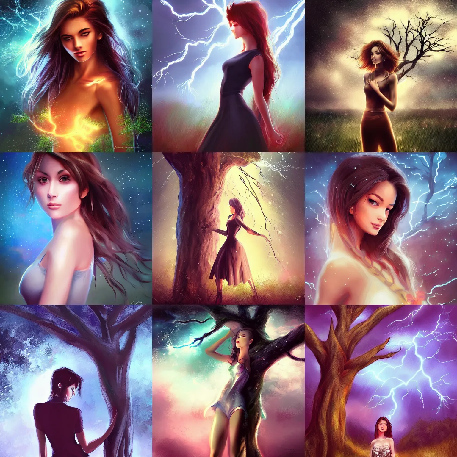 Prompt: beautiful girl standing by a tree, lightning and storms in the background, in the style artgerm, digital art, trending