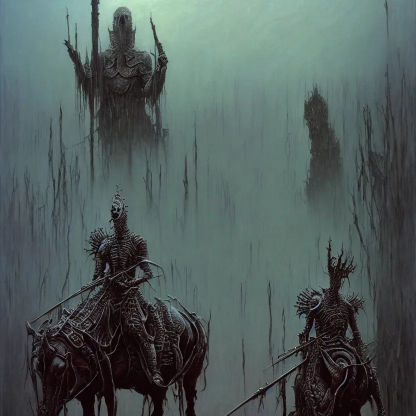 Image similar to art by Zdzislaw Beksinski detailed painting of a tall armored undead emperor, ancient king who is dead yet dreaming, intricate matte painting background, elegant horror artwork, many colors in eldritch nightmare, luxurious, ominous, 4k, cinematic, by Yoshitaka Amano, horizontally symmetrical, by Wayne Barlowe, trending on Artstation