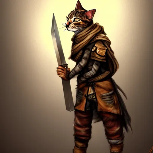 Prompt: humanoid homeless cat wearing rags and holding a broadsword, concept art, d & d, fantasy, trending on artstation