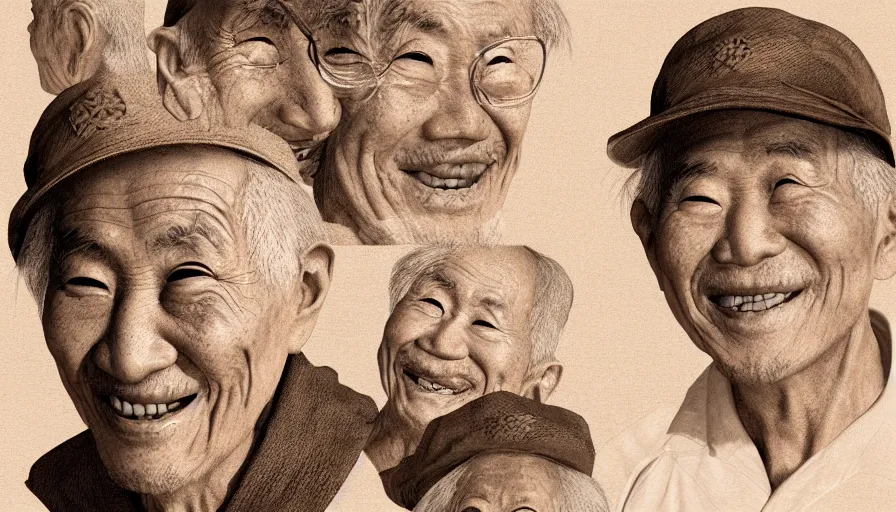 Prompt: 80 year old Japanese man smiling in sepia, hyperdetailed, artstation, cgsociety, 8k