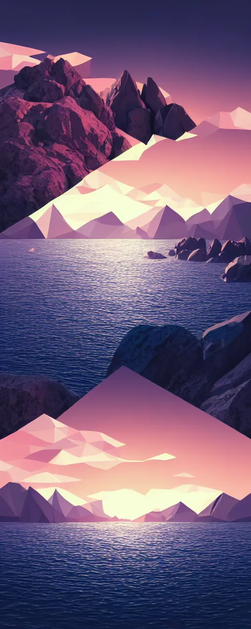 Image similar to super detailed color lowpoly art, northern sunset with rocks on front, monochrome photorealistic bay in the middle of perspective and mountains at background, big graphic ship in random point of bay, unreal engine, high contrast color palette, 3 d render, lowpoly, colorful, digital art, perspective