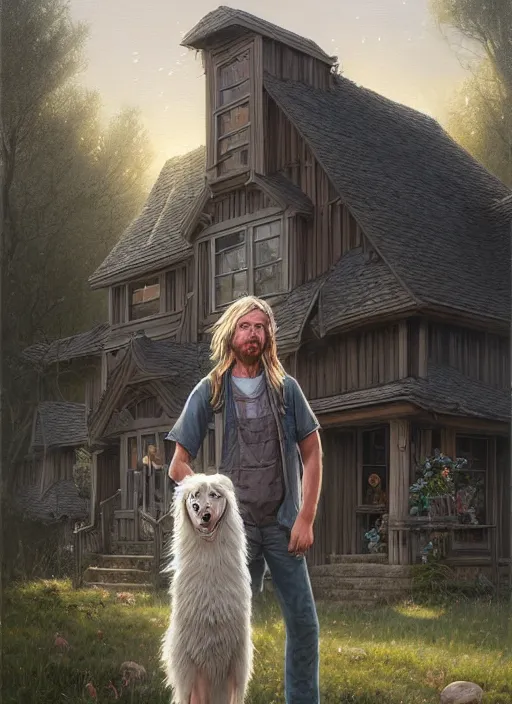 Image similar to highly detailed portrait of a blonde long - haired hillbilly in front of old style house, with his fluffy black and gray australian shepherd, stephen bliss, art by greg rutkowski, loish, rhads, ferdinand knab, makoto shinkai and lois van baarle, tom bagshaw, global illumination, artstation