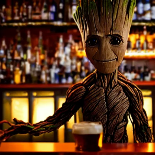 Image similar to groot at a bar, drinking beer