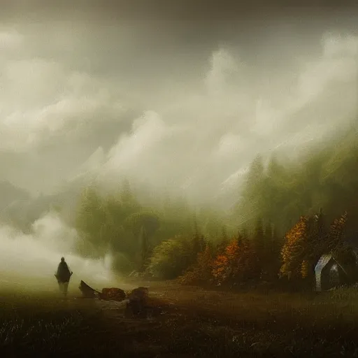 Image similar to beautiful misty landscape with dark figures playing cellos