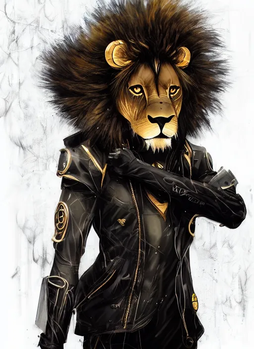 Image similar to award winning beautiful portrait commission of a male furry anthro lion fursona with a tail and a cute beautiful attractive detailed furry face wearing stylish black and gold cyberpunk clothes in a cyberpunk city at night while it rains. Character design by charlie bowater, ross tran, artgerm, and makoto shinkai, detailed, inked, western comic book art