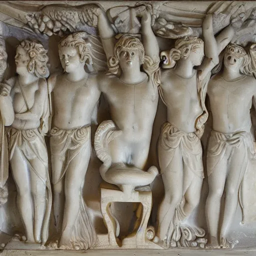 Prompt: base relief of mythological scene, marble