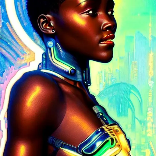 Prompt: realistic detailed oil painting of lupita nyong'o, a beautiful futuristic warrior in intricate luminescent alien cyberpunk armor except with her torso and midriff exposed!!, cyber neon lighting, by alphonse mucha, ayami kojima, amano, greg hildebrandt, and mark brooks, female, feminine, art nouveau, cyberpunk, pre - raphaelite