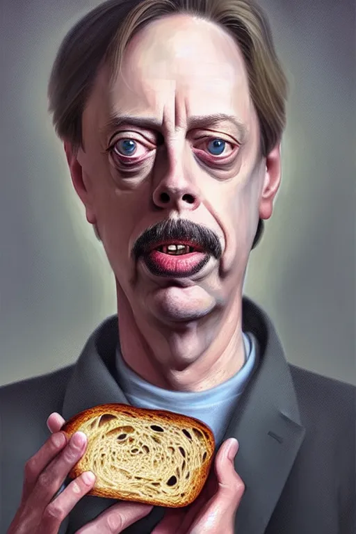 Image similar to beautiful portrait half steve buscemi wearing sourdough bread, by greg rutkowski