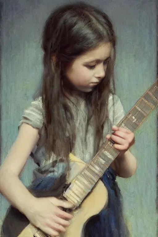 Image similar to “ little girl, pigtails hairstyle, practicing guitar, jeremy lipking, joseph todorovitch, casey baugh ”