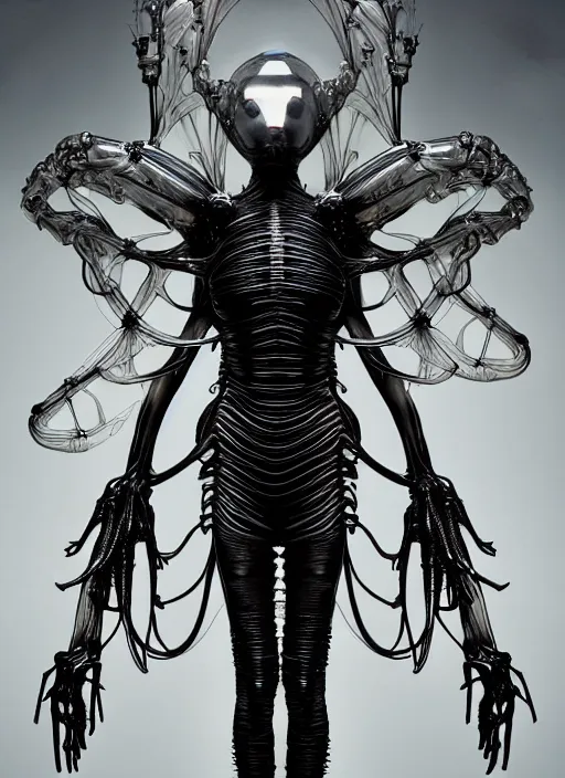 Image similar to iris van herpen gothic inflateble dark dress, perfect symmetrical body, helmet on face, full body shot, alien, plant predator, guyver, giger, wires, tubes, veins, jellyfish, white biomechanical details, wearing epic bionic cyborg implants, masterpiece, intricate, biopunk, vogue, highly detailed, artstation, concept art