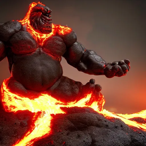 Image similar to a large, muscular, standing, humanoid, lava rock, magma, fire golem creature, burning eyes, exaggerated perspective, unreal engine, 3 5 mm pointing up