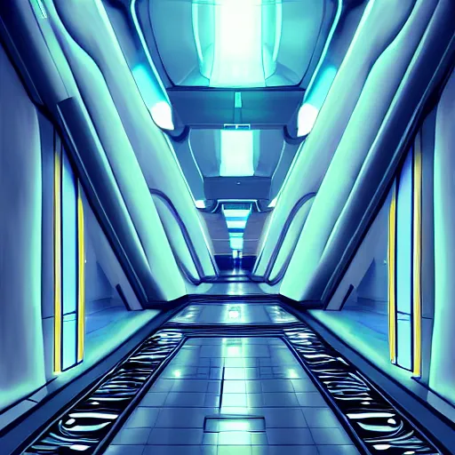 Image similar to a futuristic hallway, digital art, painterly style, epic composition, hd, 4 k, professional, intricate detail