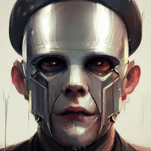 Image similar to Portrait of a man by Greg Rutkowski, symmetrical face, an young man with a VR Heaset covering his eyes, Kubric Stare, cold, twisted and sinister smile, highly detailed portrait, scifi, digital painting, artstation, book cover, cyberpunk, concept art, smooth, sharp foccus ilustration, Artstation HQ