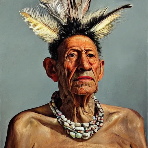 Prompt: high quality high detail painting by lucian freud, hd, portrait of an aztec priest with feathers, photorealistic lighting