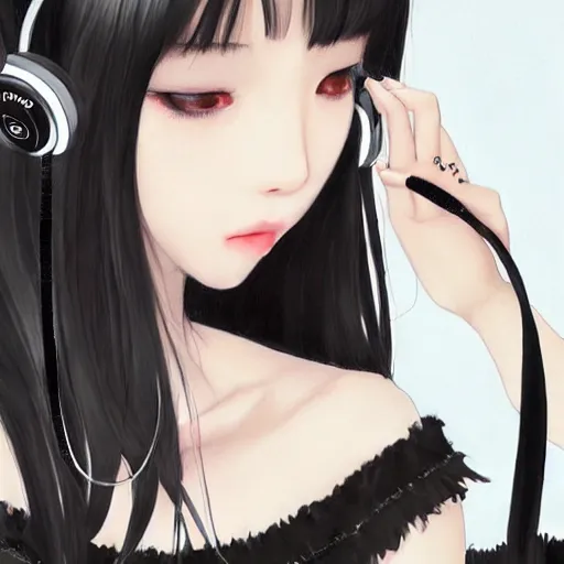 Image similar to realistic beautiful gorgeous natural cute Blackpink Lalisa Manoban black hair fur black cat ears, wearing white camisole summer outfit, headphones, black leather choker artwork drawn full HD 4K highest quality in artstyle by professional artists WLOP, Aztodio, Taejune Kim, Guweiz on Pixiv Instagram Artstation