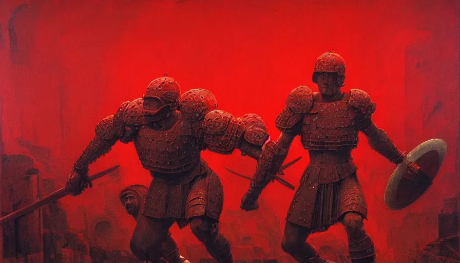 Image similar to only with red, a lightly armored gladiator in a crowded roman amphitheatre, crowd cheering, in the style of beksinski and edward hopper and rodcenko and yue minjun and artgerm, intricate and epic composition, red by caravaggio, highly detailed, masterpiece, red light, artstation