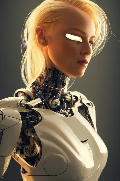 Image similar to a beautiful woman with blonde hair wearing robot suit with wires and light, highly detailed, photorealistic, artstation, smooth