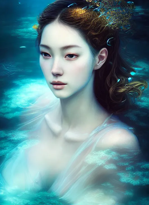 Prompt: an underwater photographic beauty portrait, cinematic, volumetric lighting, fantasy, intricate, elegant, highly detailed, digital painting, artstation, concept art, smooth, sharp focus, illustration, art by jingna zhang, ayami kojima, artgerm