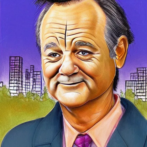 Image similar to Elegant portrait of bill murray, friendly, photorealistic, facial detail, color drawing, in the style of busytown