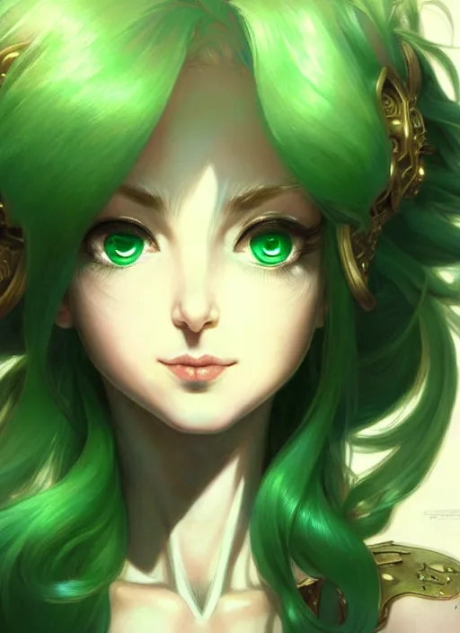 Image similar to portrait from left, head and body only, palutena, green hair, concept art, digital illustration, by rossdraws, frank franzzeta, intricate, masterpiece, elegant, hyper detailed, artstation, unreal engine rendered, concept art, smooth, sharp focus, illustration, art by artgerm and greg rutkowski and alphonse mucha and garis edelweiss