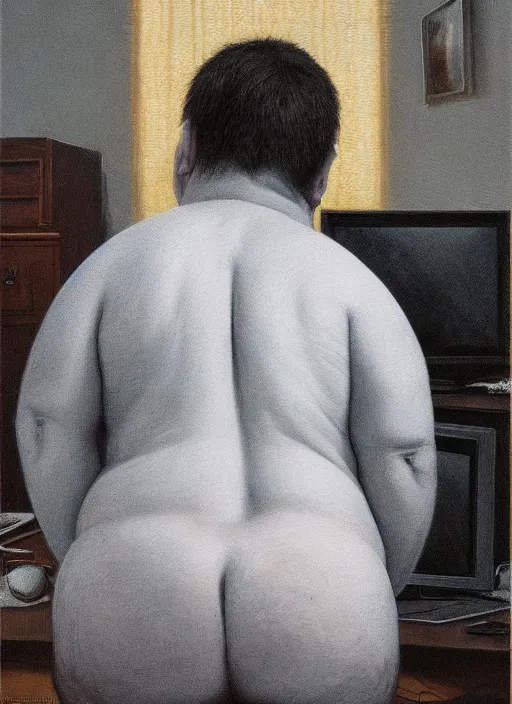 Image similar to insanely detailed chiaroscuro image of a exhausted - looking slightly fat casually - dressed programmer guy on his knees facing his glowing ultrawide computer monitor monitor begging it for forgiveness, oil on canvas, masterwork, fine detail, trending on artstation, emotive, insanely compelling, ryden, koons, moebius