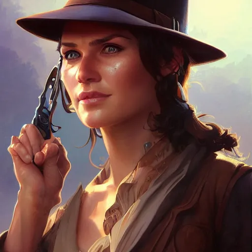 Prompt: female indiana jones, painted character portrait, highly detailed, digital painting, artstation, concept art, sharp focus, illustration, art by artgerm and greg rutkowski and alphonse mucha