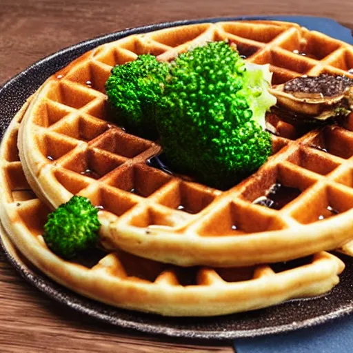Image similar to promotional shot of a waffle with broccoli, blood cream and oysters,