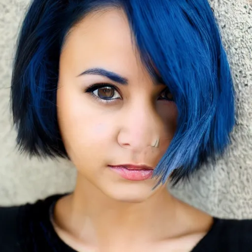 Prompt: beautiful woman with short blue hair, big brown eyes, wearing a brown sweater