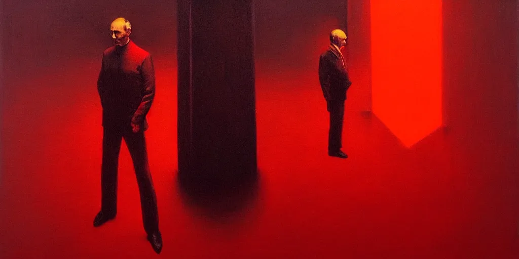 Prompt: vladimir putin totalitarian in the style of beksinski, parts by edward hopper, parts by rodcenko, parts by yue minjun, intricate and epic composition, red by caravaggio, insanely quality, highly detailed, masterpiece, red light, artstation, 4 k