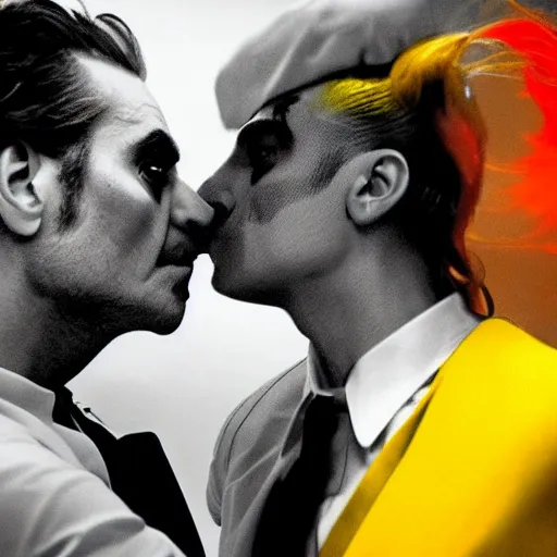 Prompt: detailed conceptual photography lady gaga kissing joaquin phoenix a footage from new joker movie with 8 0's dress suit / dramatically / intricate / sharp focus / model / yellow lighting / red beam / rendered / center of interest