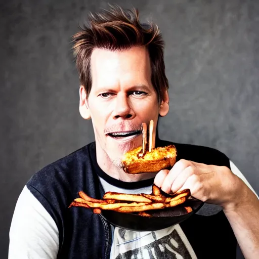 Image similar to kevin bacon profile portrait eating bacon burger soda fries, award winning food photography