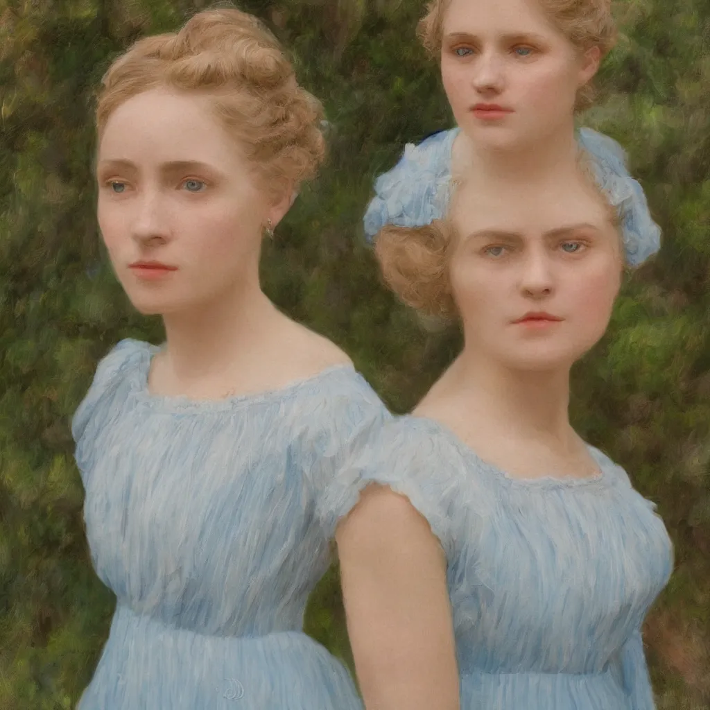 Image similar to portrait of a young lady in a light blue dress 1 9 0 0 s entire face shown in great detail, looking at the camera, full body in camera, blonde hair, garden, photorealistic, extreme detail, sharp focus, 8 k, intricate, hyper detailed, realistic, cinematic lighting