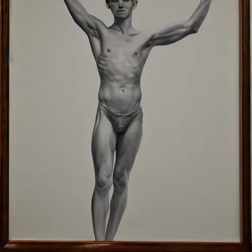 Prompt: an artistic pencil study of a young male body, full body, dynamic pose, berne hogarth, david hockney