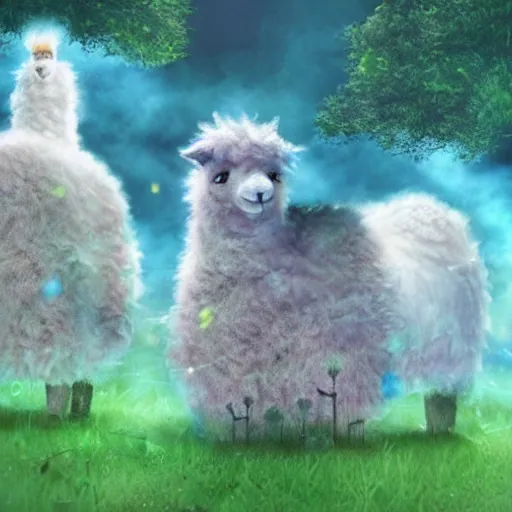 Prompt: fluffy alpaca contagion multiverse scifi ghibli style in a forest claiming the forest for their own