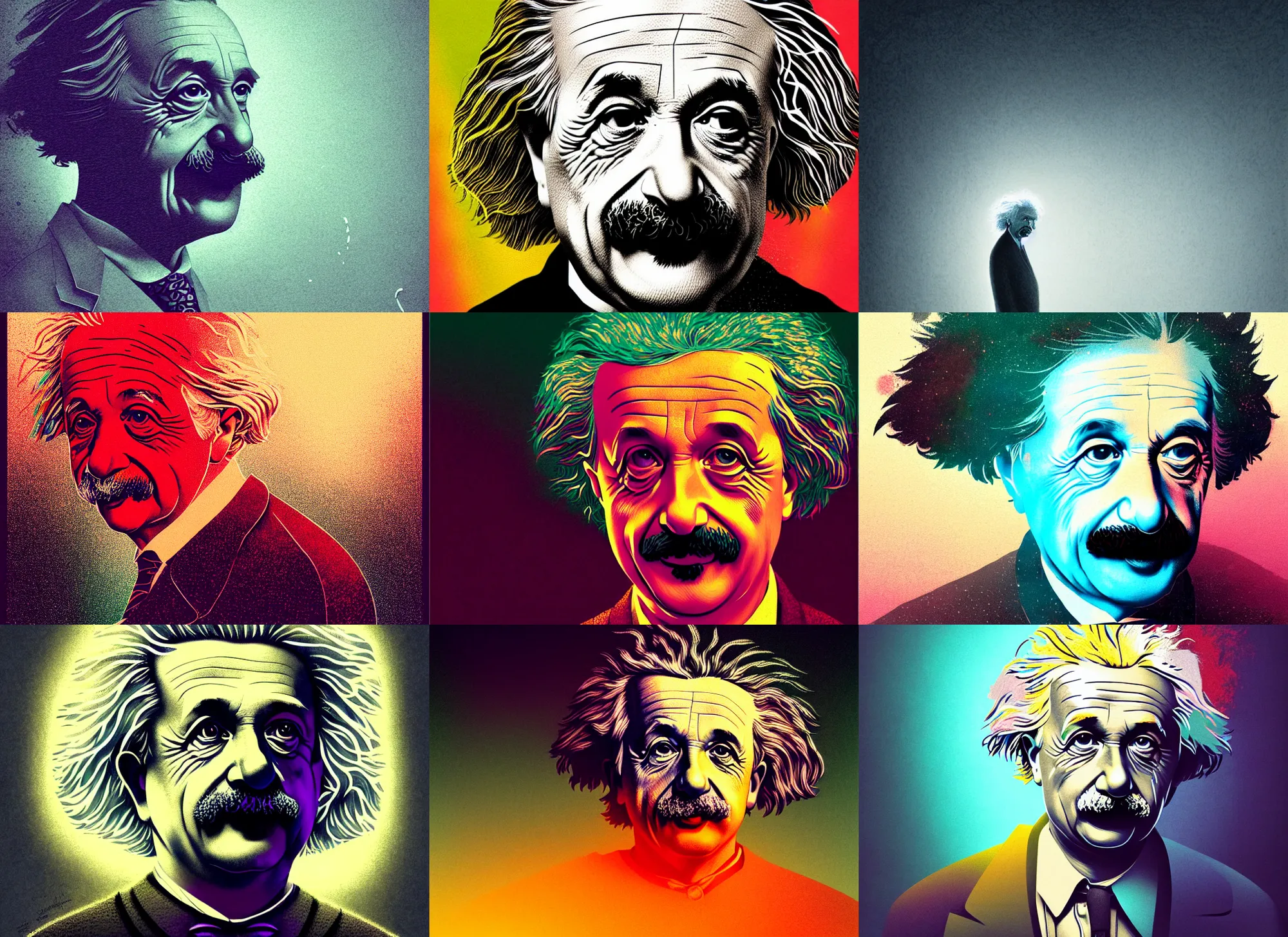 Prompt: illustrated portrait of albert einstein, colorful, mads berg, karolis strautniekas, christopher balaskas, stippled light, low fog, moody, fine texture, editorial, dramatic lighting, dynamic composition, detailed, matte print, muted color, victo ngai, wide angle