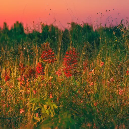 Prompt: mars with vegetation and flowers, sunset, hdr