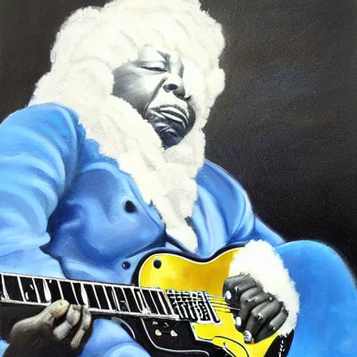 Image similar to b. b king, sitting in a fluffy cloud, playing an electric semi - hollow guitar. beautiful realistic painting, dramatic, moody