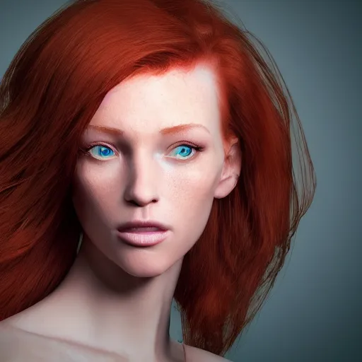 Image similar to portrait of a redhead woman with green eyes, hyper realistic, volumetric lighting