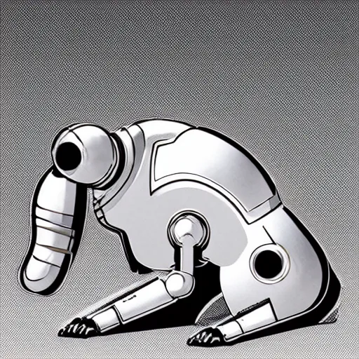 Prompt: curled up robot dog. in the style of syd mead. concept art. sci fi art. chrome. futuristic art.