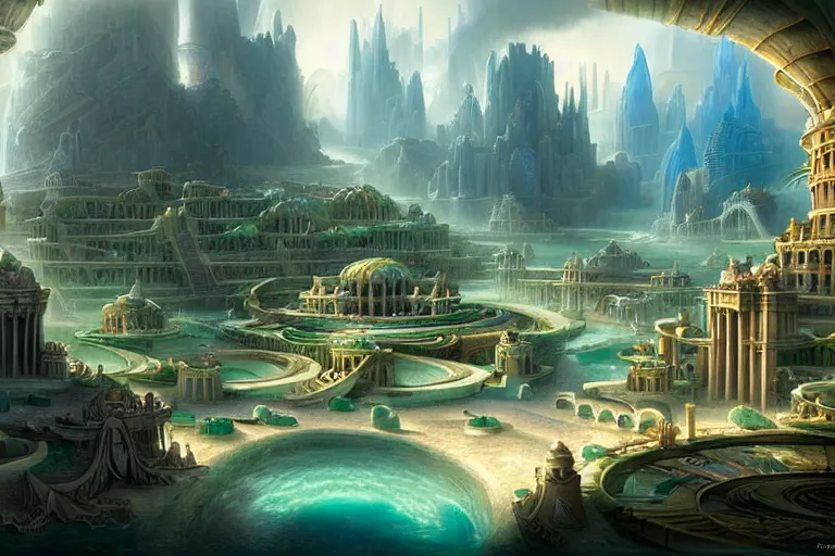 Image similar to a beautiful complex insanely detailed matte painting of the magical city of Atlantis by Heironymous Bosch and Tyler Edlin