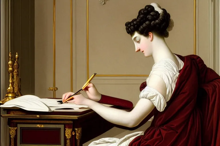 Image similar to 1 8 1 0 s lady writing at her desk by vittorio reggianini, georgian dress, directoire style, regency, empire silhouette, bright lighting, perfectly detailed eyes, beautiful hands, pale skin, clear face