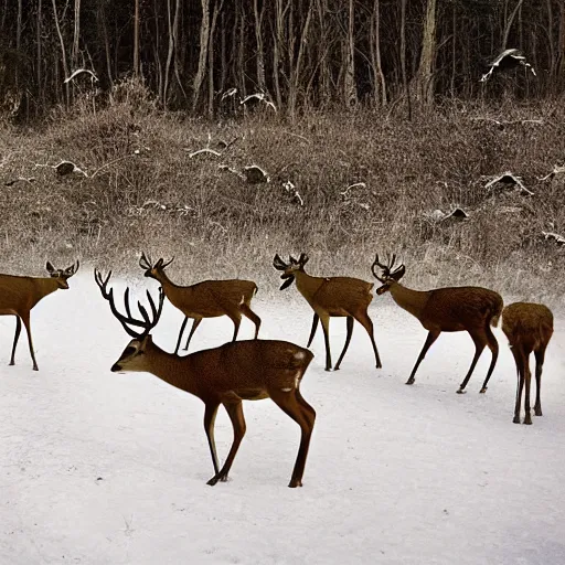 Image similar to deers hunting a hunter, realistic hektachrome, national geographic,