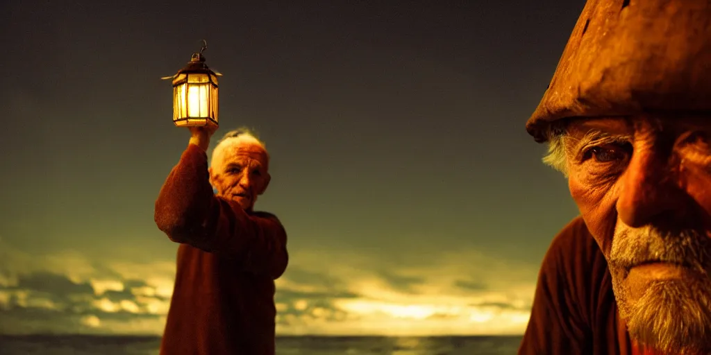 Image similar to film still of closeup old man holding up lantern by his beach hut at night. pirate ship in the ocean by emmanuel lubezki