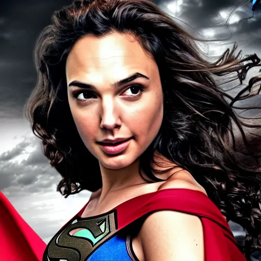 Image similar to an potrait of gal Gadot cast of movie man of steel and wearing a superman suit .